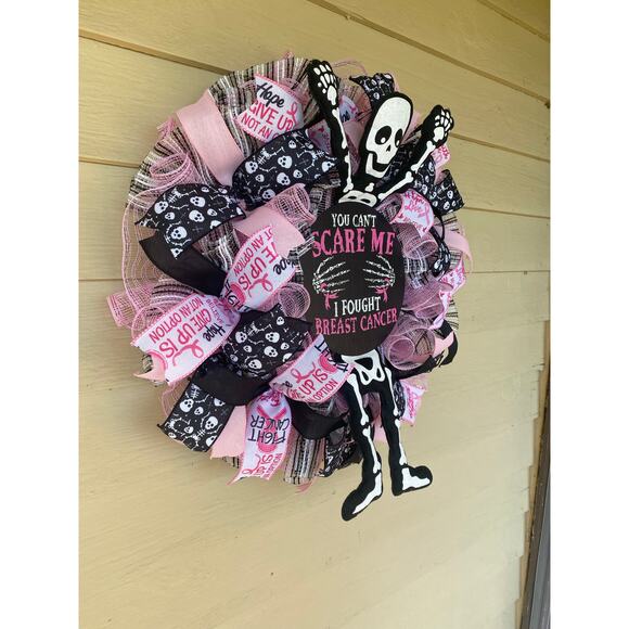 Halloween Breast Cancer Awareness Wreath – Skeleton “You Can’t Scare Me” Decor - Picture 7 of 10
